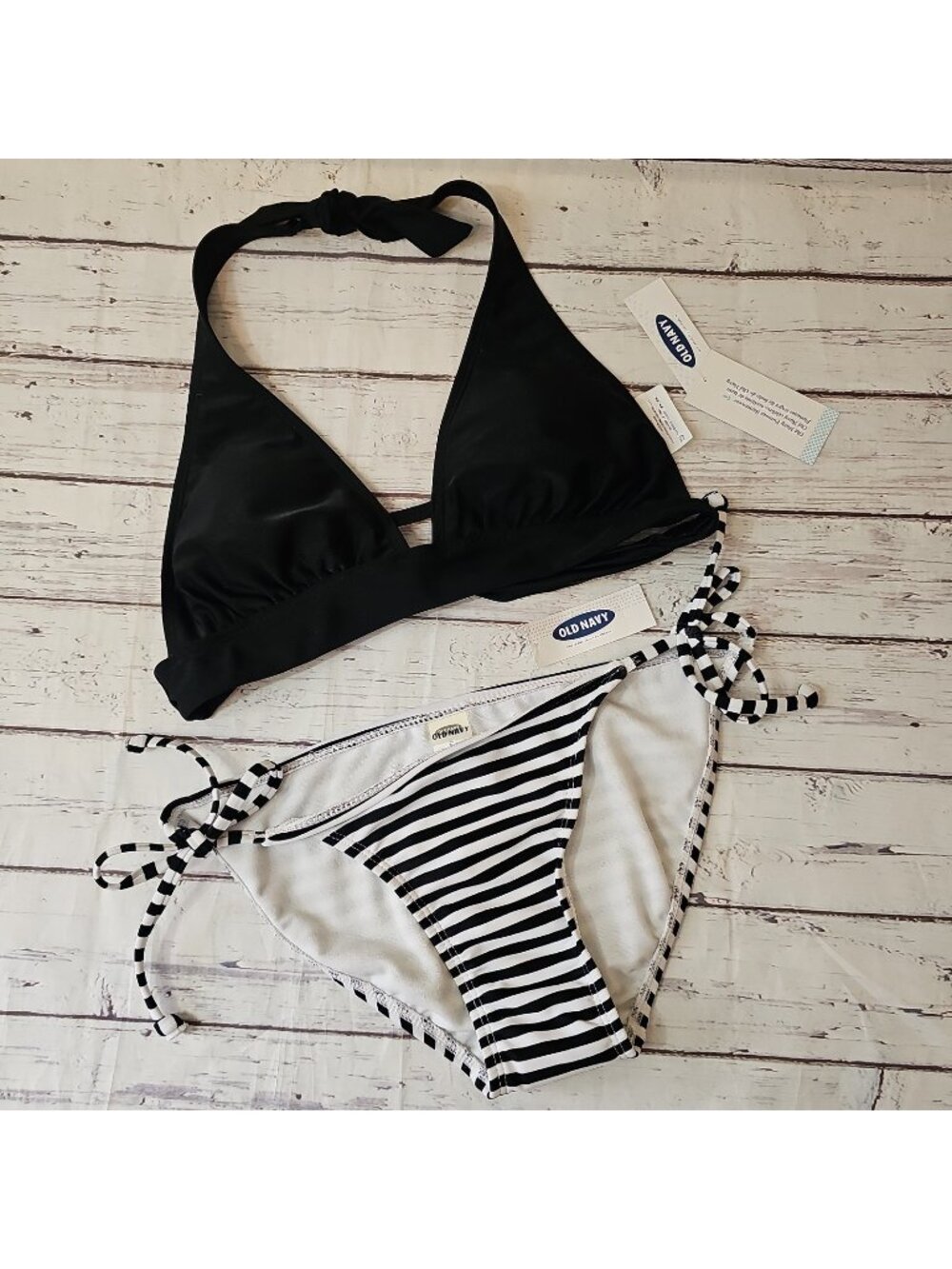 Old Navy Black White Striped Bathing Suit Swimsuit Bikini Halter XS New